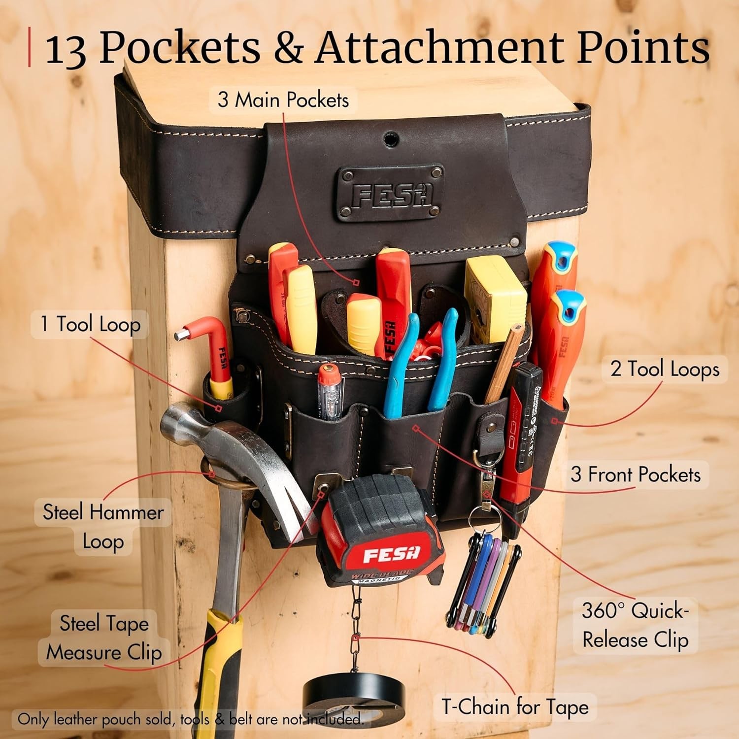 FESA Leather Electrician Tool Pouch 13-in-1 Handcrafted Belt Holster