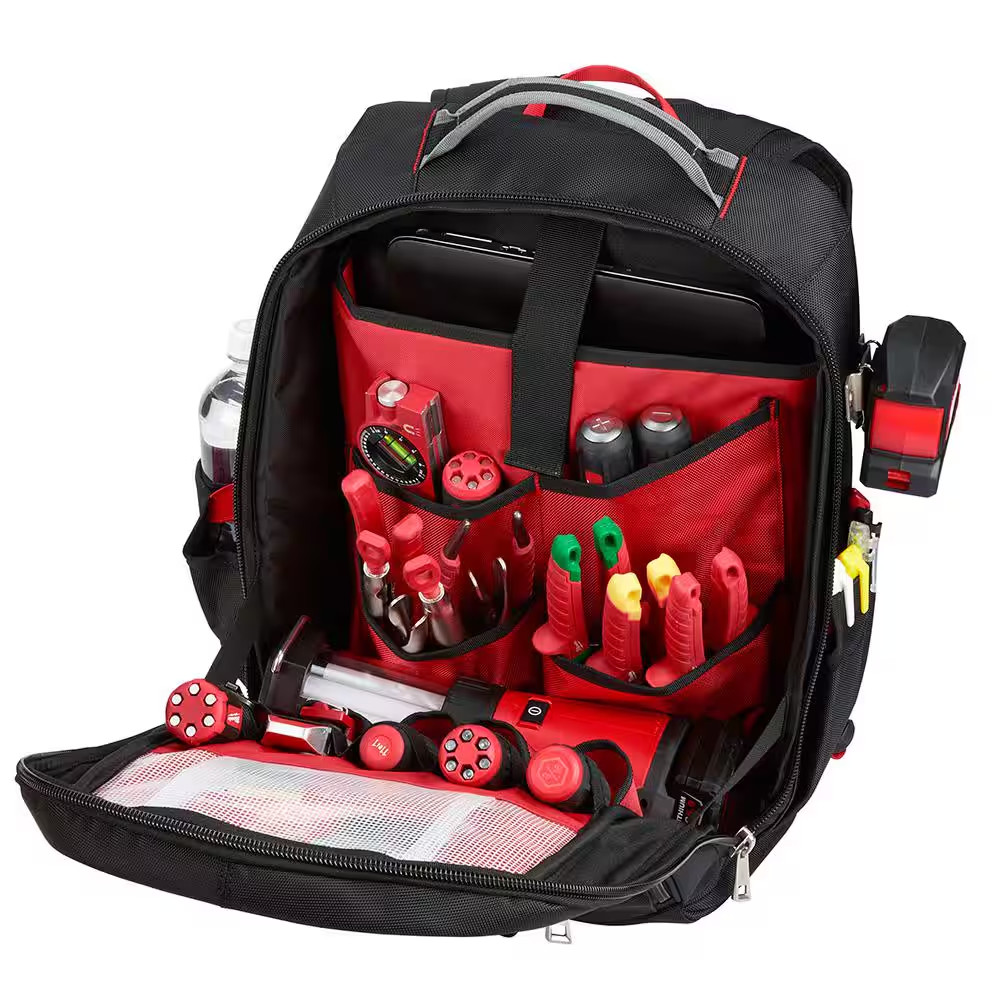 Milwaukee Low-Profile Backpack 14″ 22 Pockets w/ (3-Pack) 12″ Zipper Tool Bags