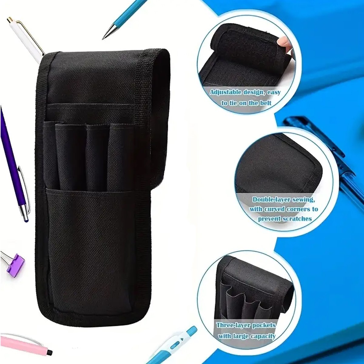 2pcs Belt Tool Pouch With 6-Pockets Heavy-Duty Tool Pouches Pen Holder Black