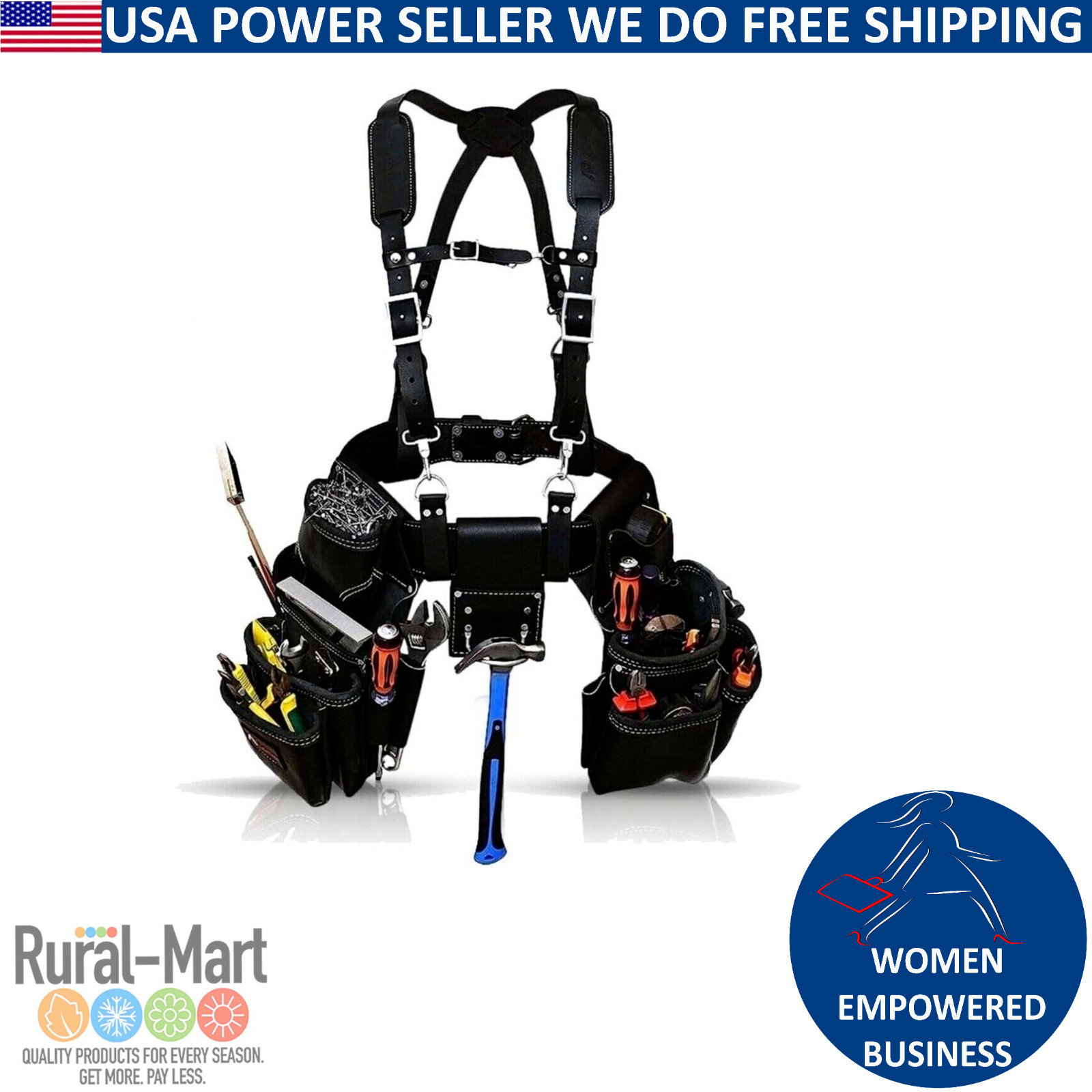 Full Grain Leather Carpenter Tool Belt Pouch with Suspender & Hammer Holder – Du