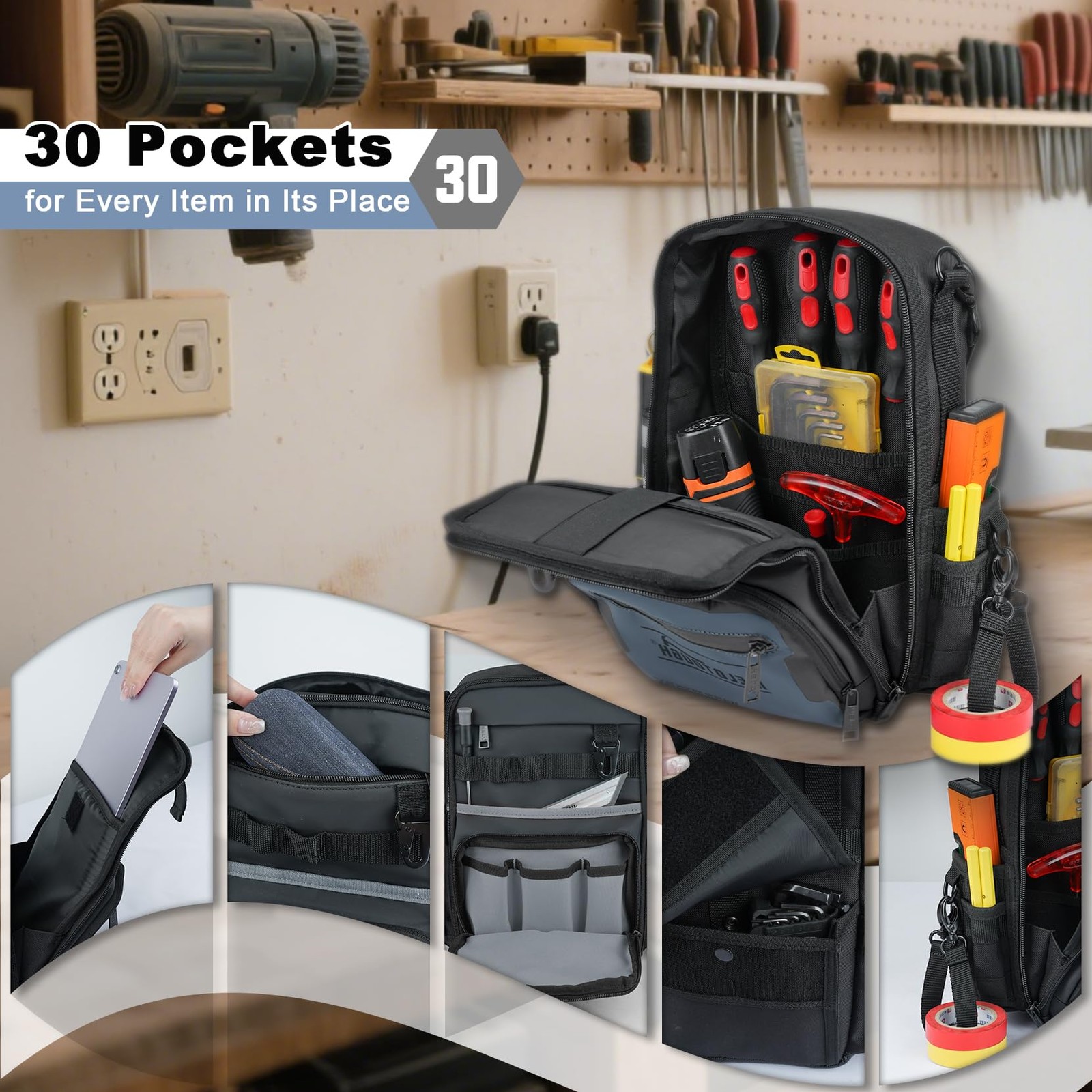 Melotough Small Tool Backpack For Men 30 Multi-Storage Pockets Heavy Duty Tool