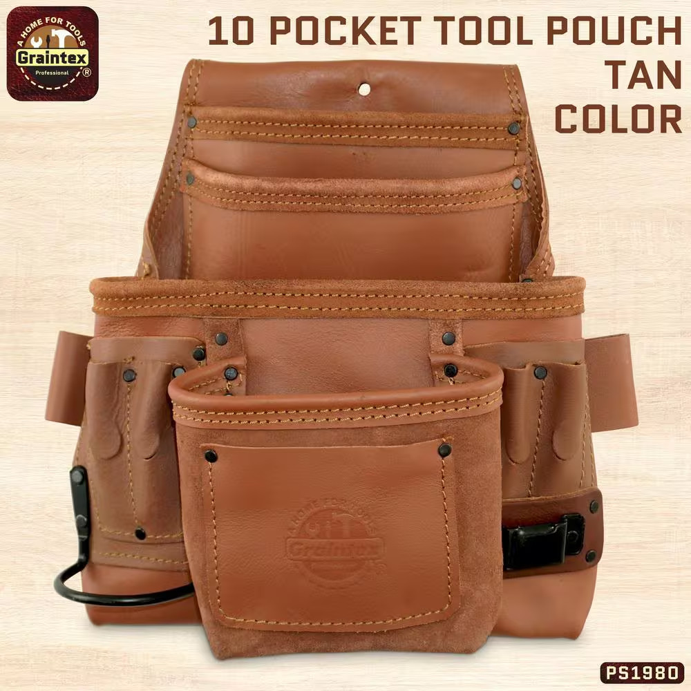10-Pocket Nail and Tool Pouch Tan Color Industrial Grade Leather