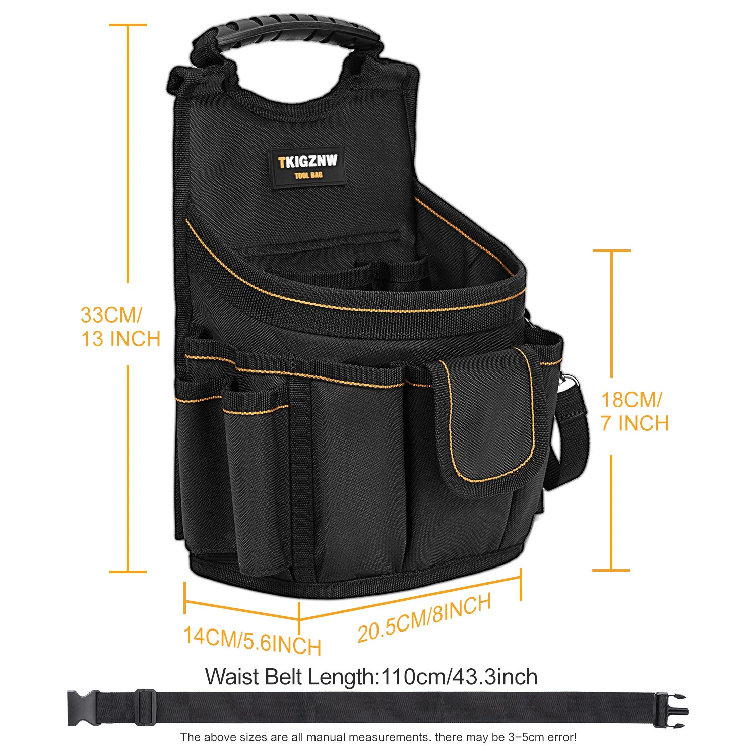 Tool Belt Pouch, Black Nylon with 18 Pockets, Black and Yellow, Storage for Elec