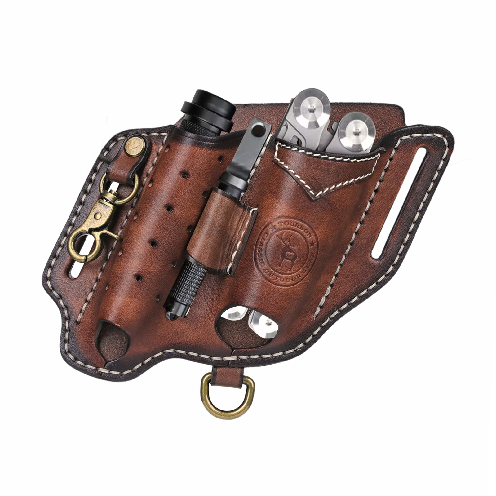 TOURBON Leather EDC Multitool Pouch Flashlight Holder Knife Belt Holster Camping