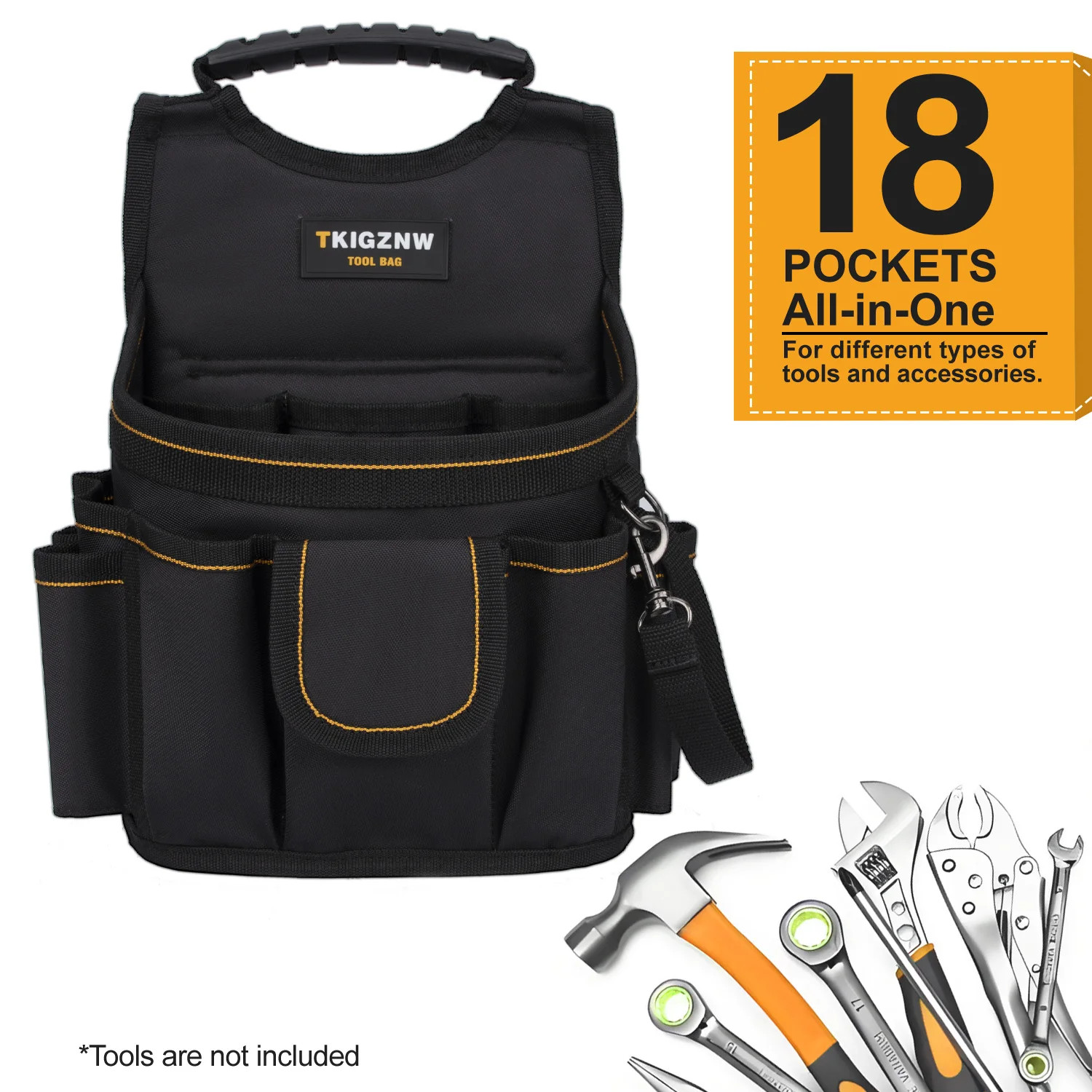 Tool Belt Pouch, Black Nylon with 18 Pockets, Black and Yellow, Storage for Elec