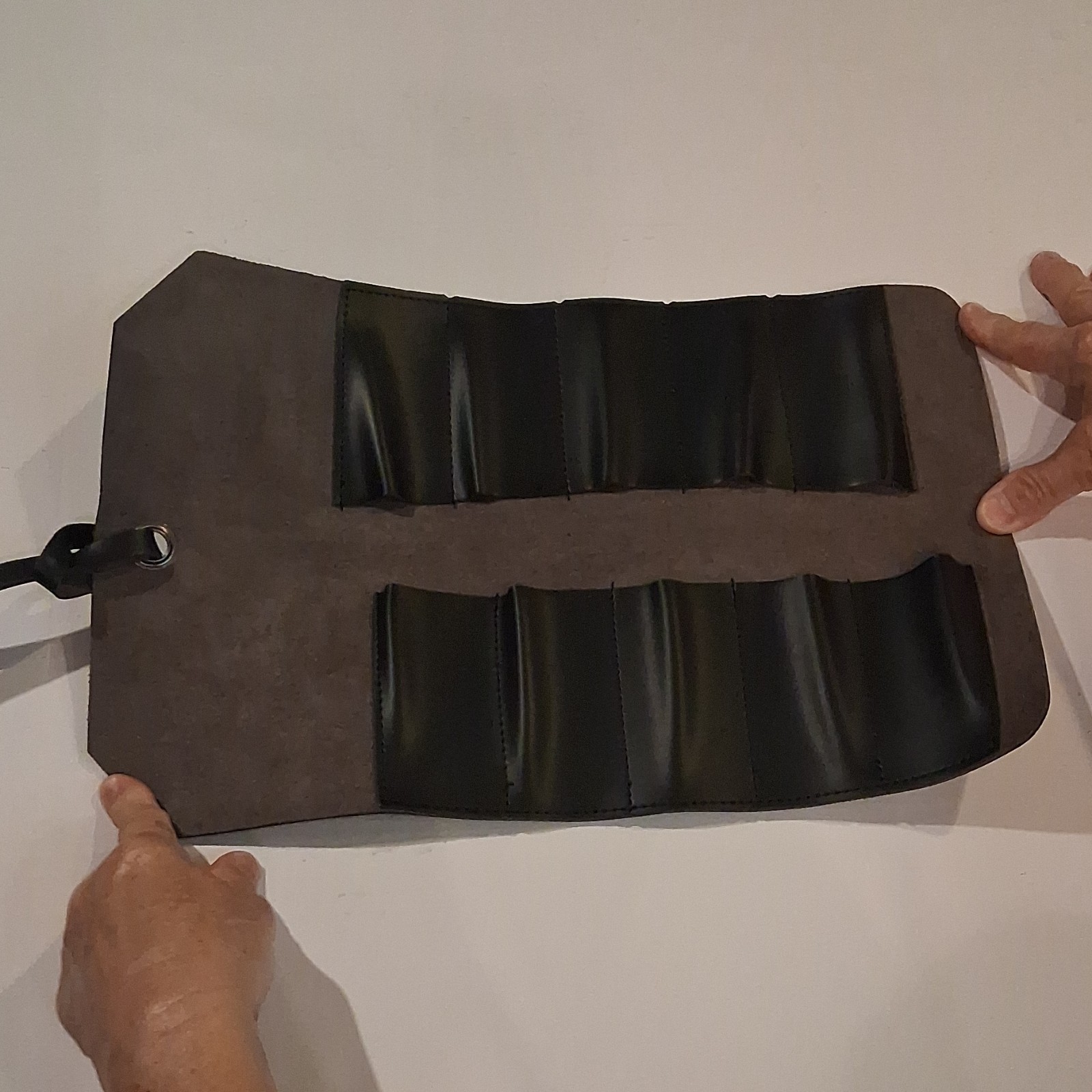 Black Leather Roll-Up Tool Roll Organizer Bag w/ Multiple Pockets, Adjustable