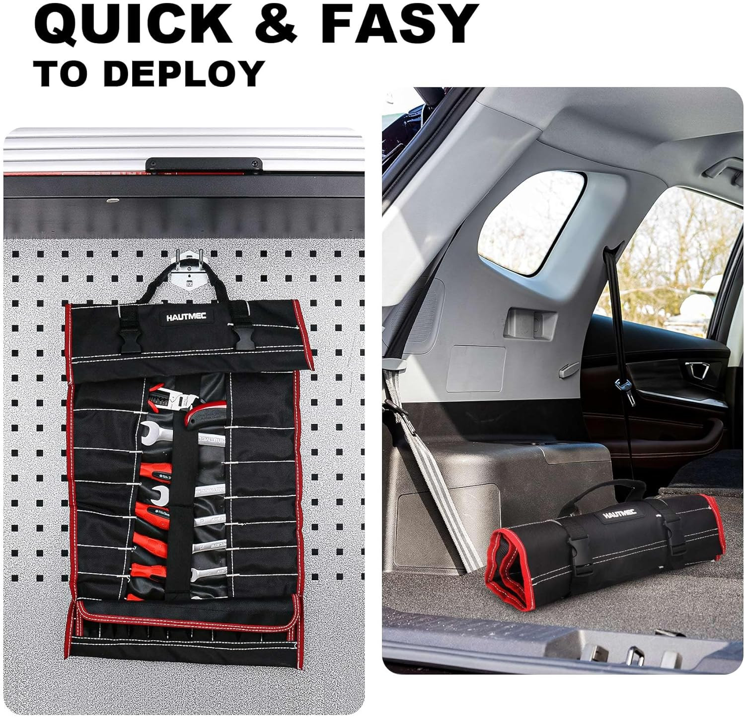 Black Tool Roll Organizer Bag Heavy Duty Water Resistant 600D Polyester