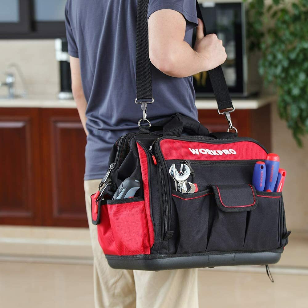 WORKPRO 16″ Wide Mouth Tool Bag with Water Proof Rubber Base For Tool Storage