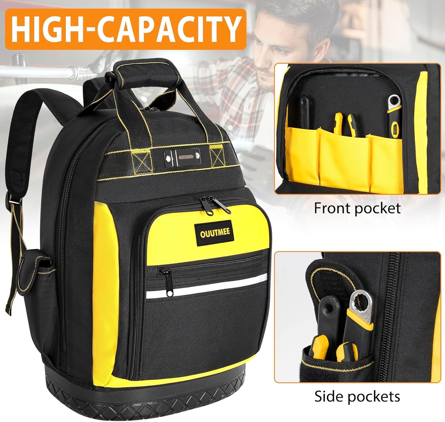 17″ Tool Backpack with Multi Pockets Water Resistant Hard Bottom Bag
