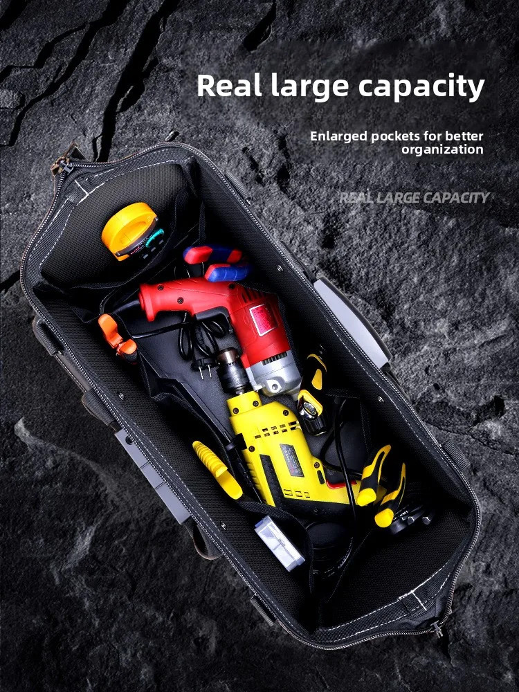 Heavy Duty Tool Bag Wide Mouth Electrician Storage Organizer w/ Hard Base