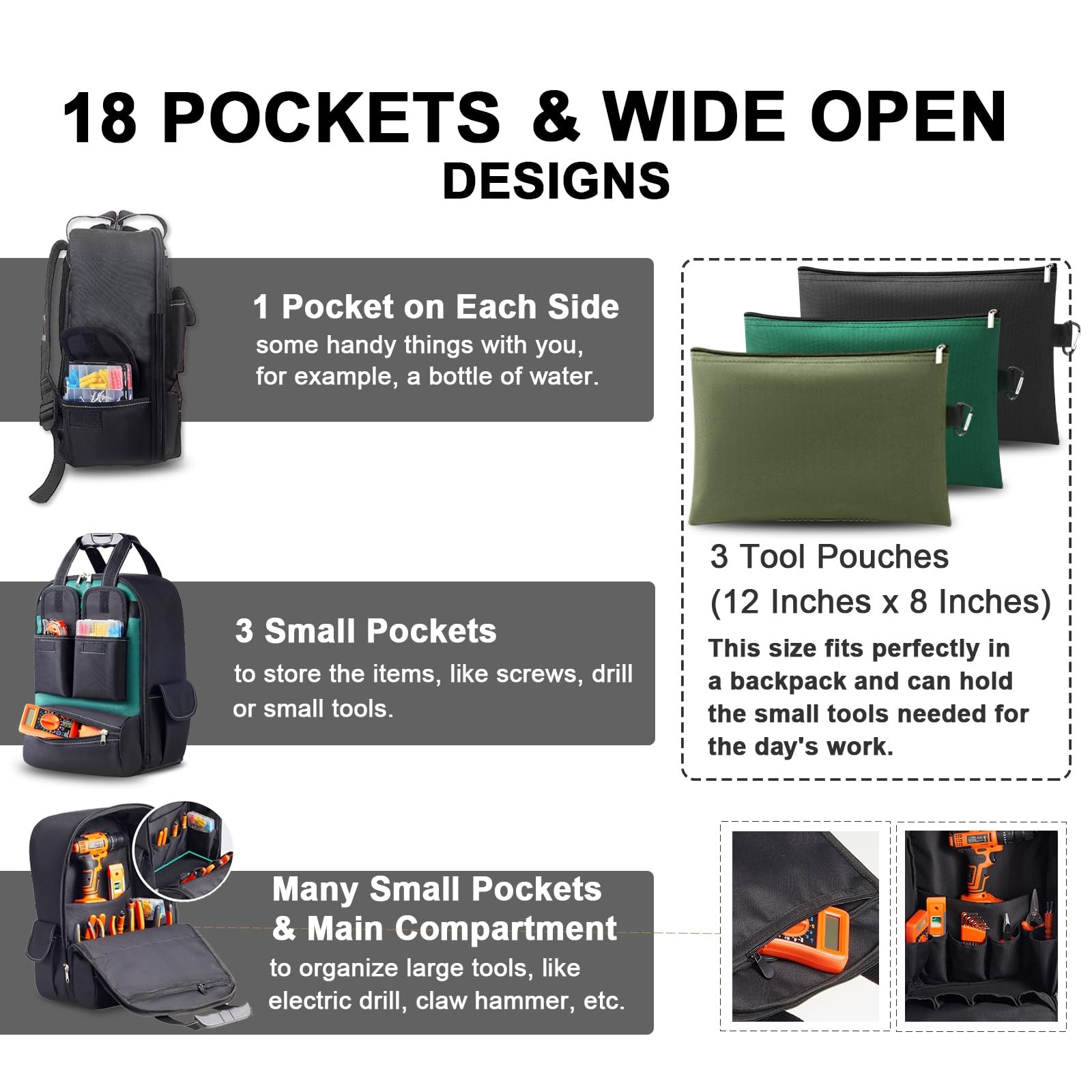 Tool Backpack for Men 18 Inch Heavy Duty Waterproof Multiple Pockets Tool Bag…