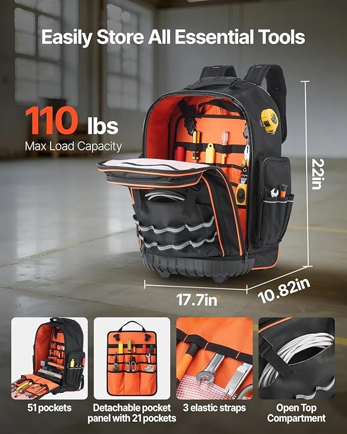 Rolling Tool Backpack with Wheels, 75 Pockets & Lock for Electricians
