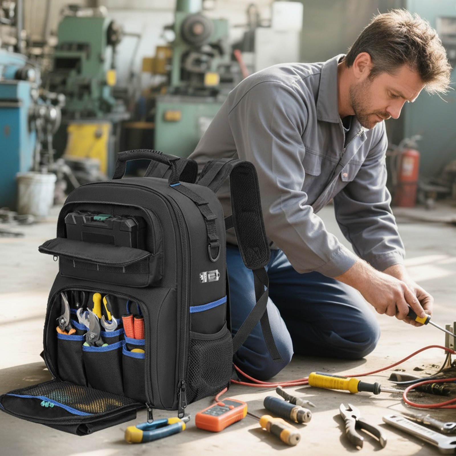 Heavy Duty Tool Backpack for Men Electrician HVAC Construction Bag w/ 59 Pockets