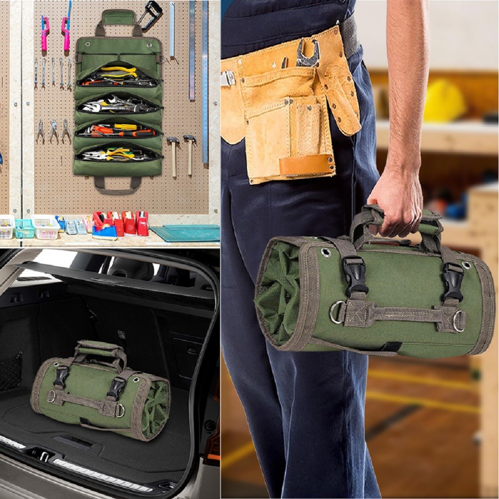 Roll Up Tool Bag Heavy Duty Tool Roll Up Bag 4 Pockets w/Detachable Tool Pouches