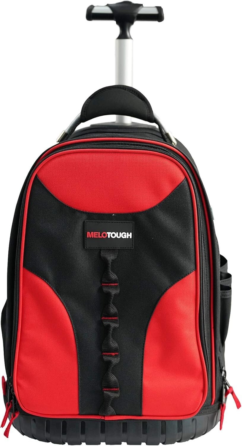 Multi-Functional Tool Backpack with Wheels & Laptop Compartment – Red & Black
