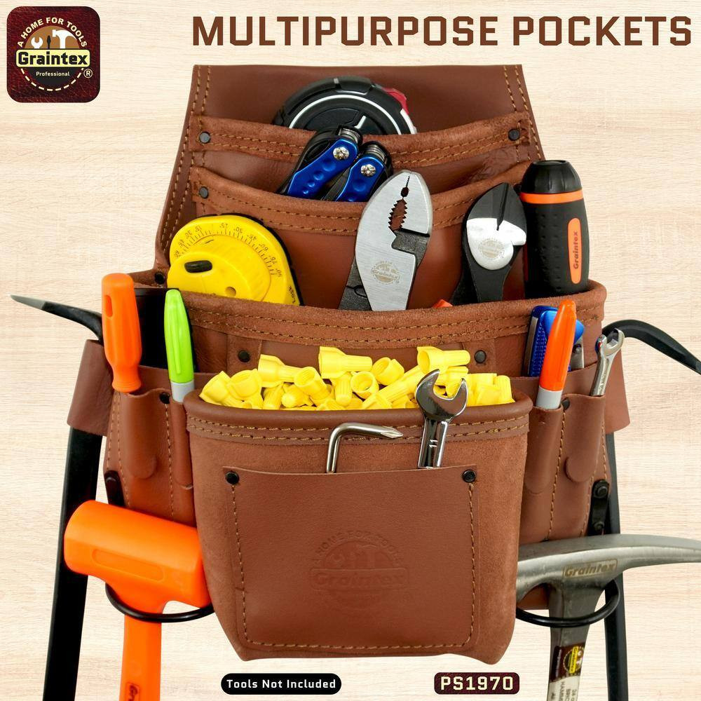 10-Pocket Nail and Tool Pouch Tan Color Industrial Grade Leather W/2 Hammer Hold