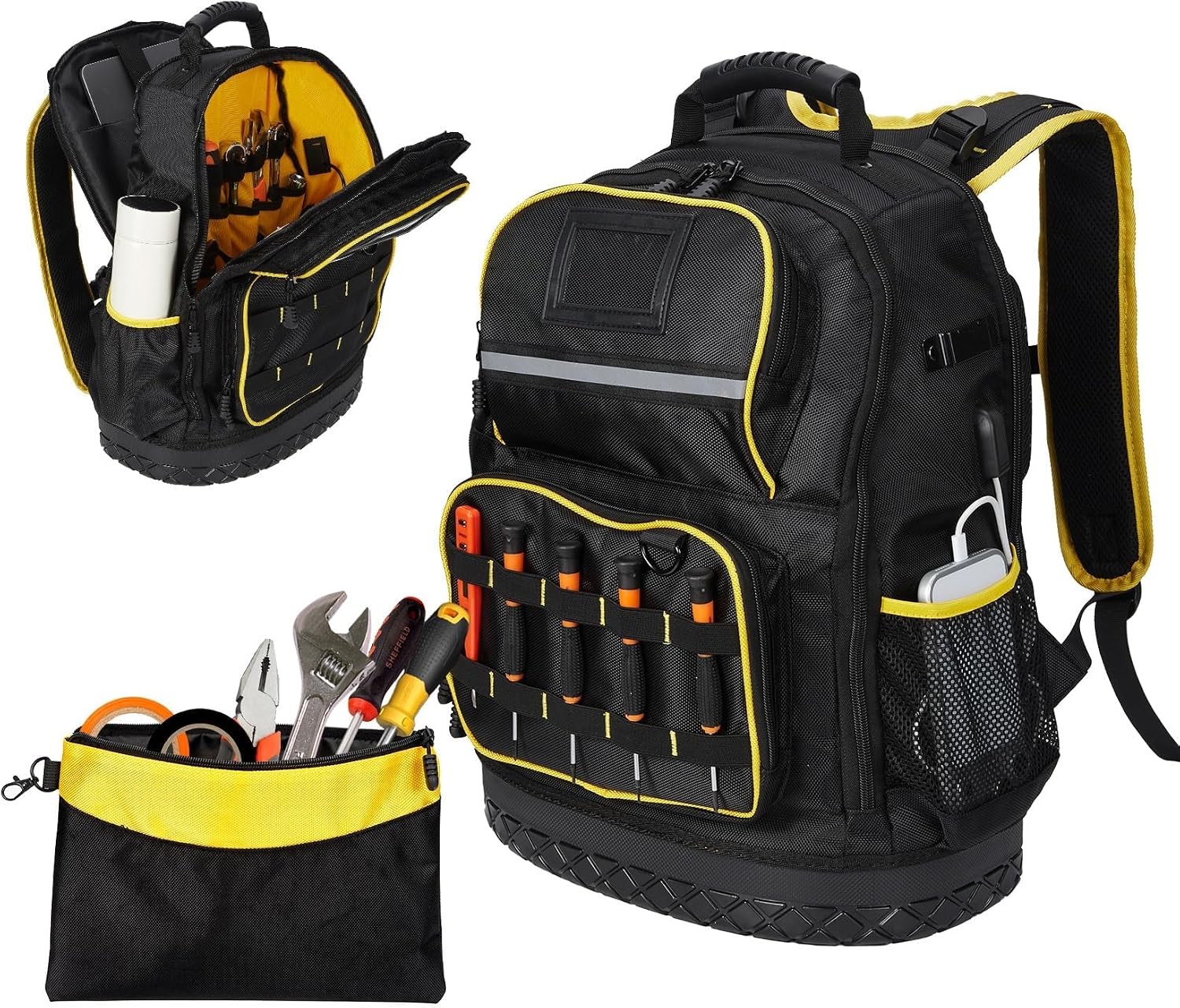 Professional 18 Inch Tool Backpack Oxford Work Bag Hard Bottom Laptop Tool Bag