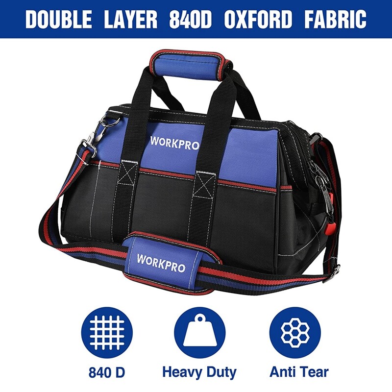 WORKPRO 16-inch Heavy Duty Wide Mouth Tool Bag Tool Storage Bag w/Shoulder Strap