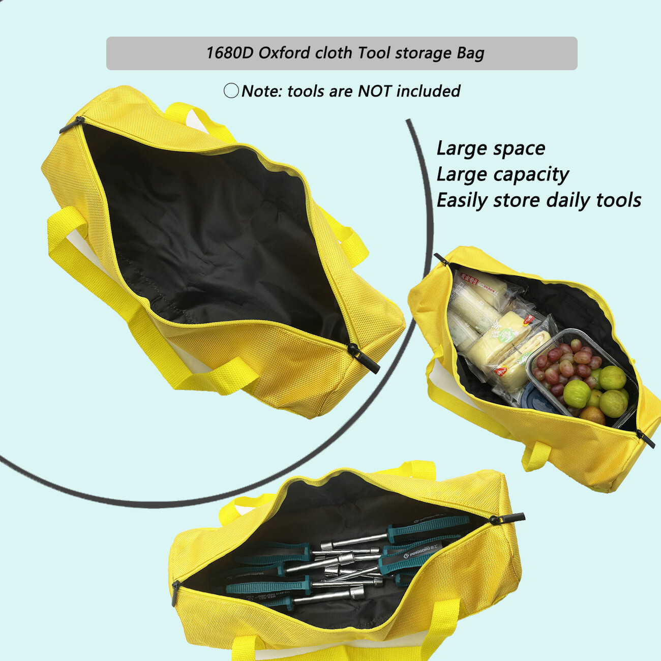 16inch Yellow Tool Bag with Zippers Multi Purpose Quick Manual tool 15.75×5.12in