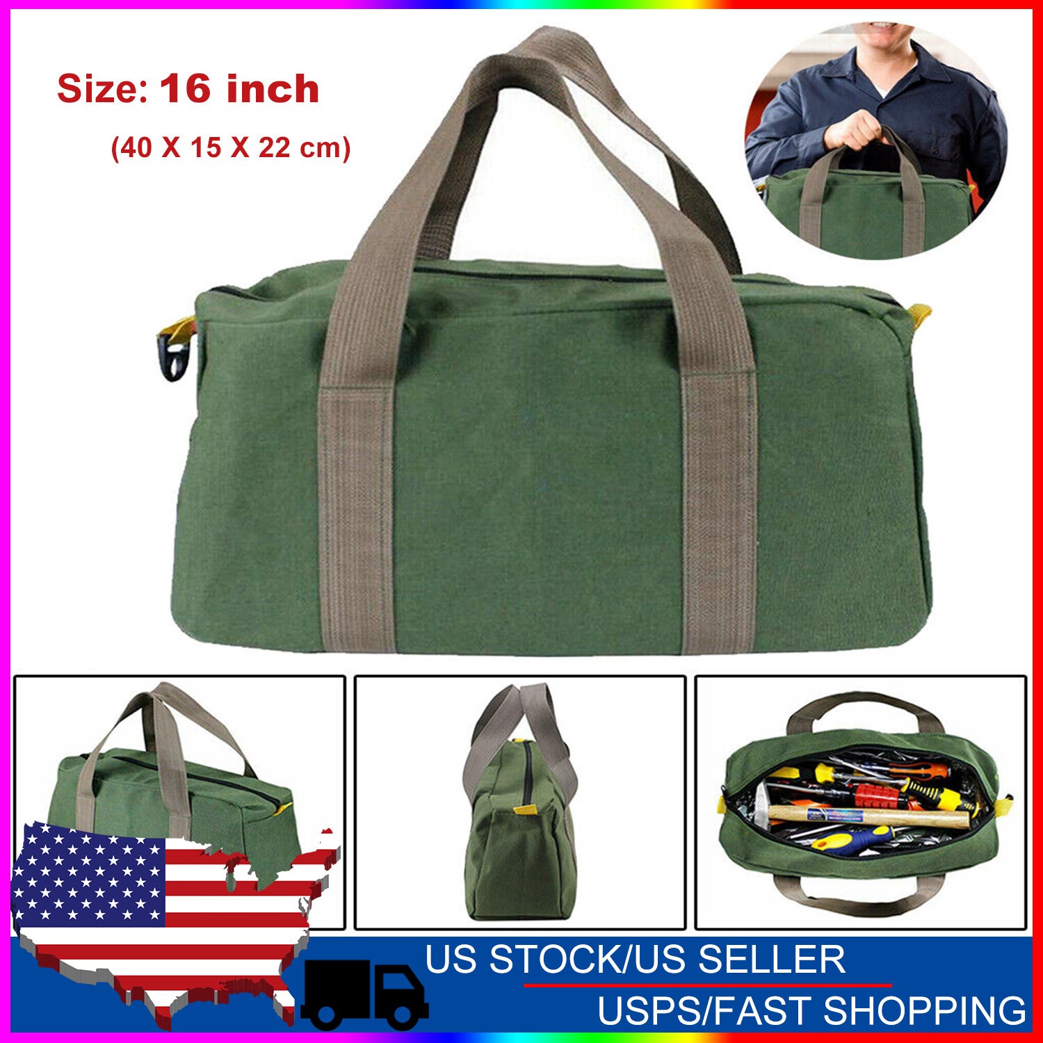 16» HEAVY DUTY GREEN MILITARY STYLE MECHANICS HARD BOTTOM TOOL BAG ZIPPER