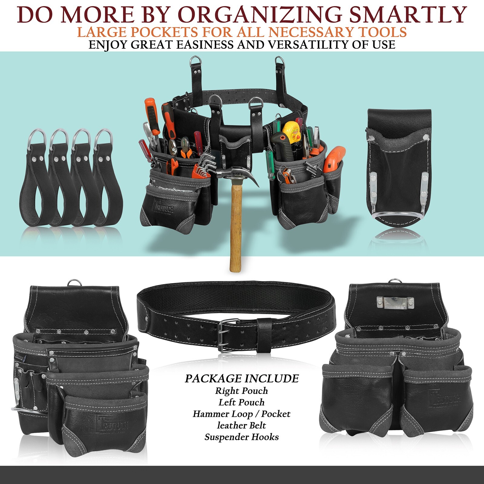 Trutuch Black Leather Tool Belt with Suspender | 18 Pockets | Framers Tool Belt