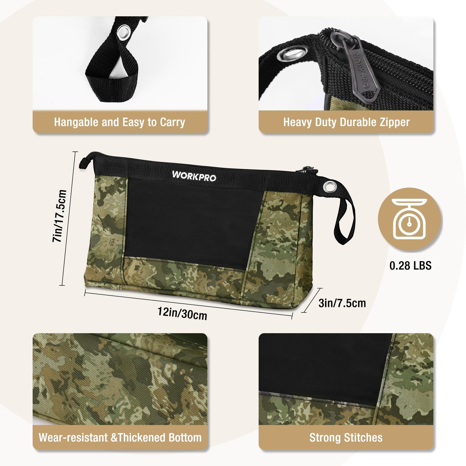 Tool Pouch Zipper Heavy Duty 600D Fabric 7×12 Inch Camo 3 Pack Organizer