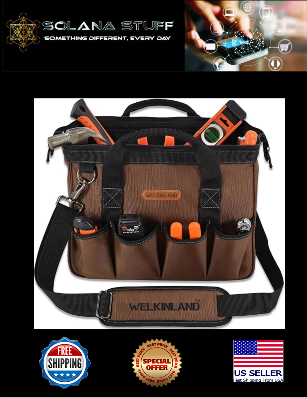 WELKINLAND 17-Pockets Tool Bag, 14″ Portable, Brown With Shoulder Straps, NEW