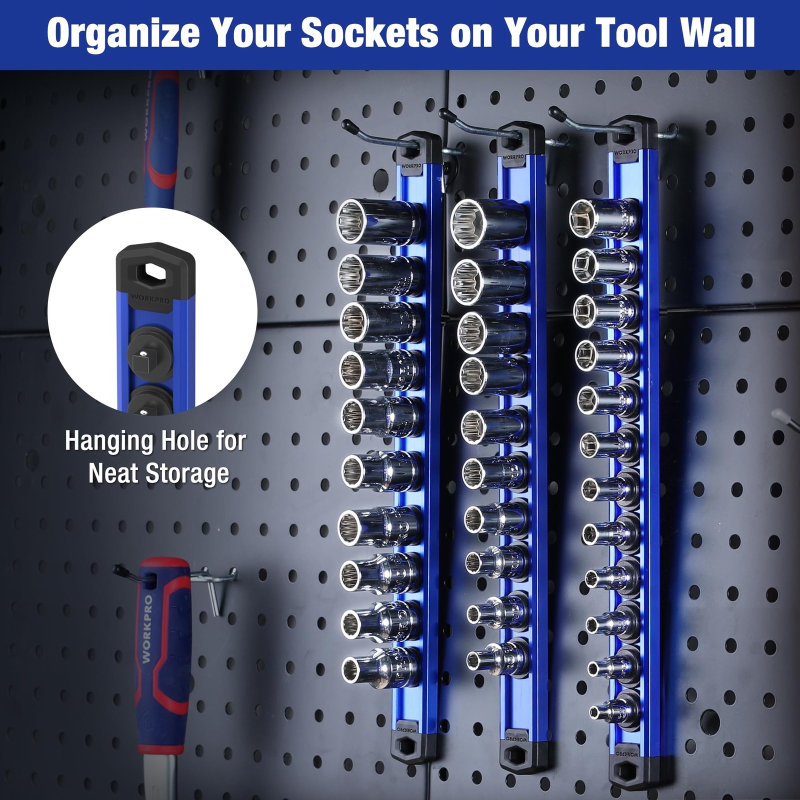 WORKPRO Magnetic Socket Organizer, 3/8-Inch Drive Aluminum 3/8″ DR, Blue