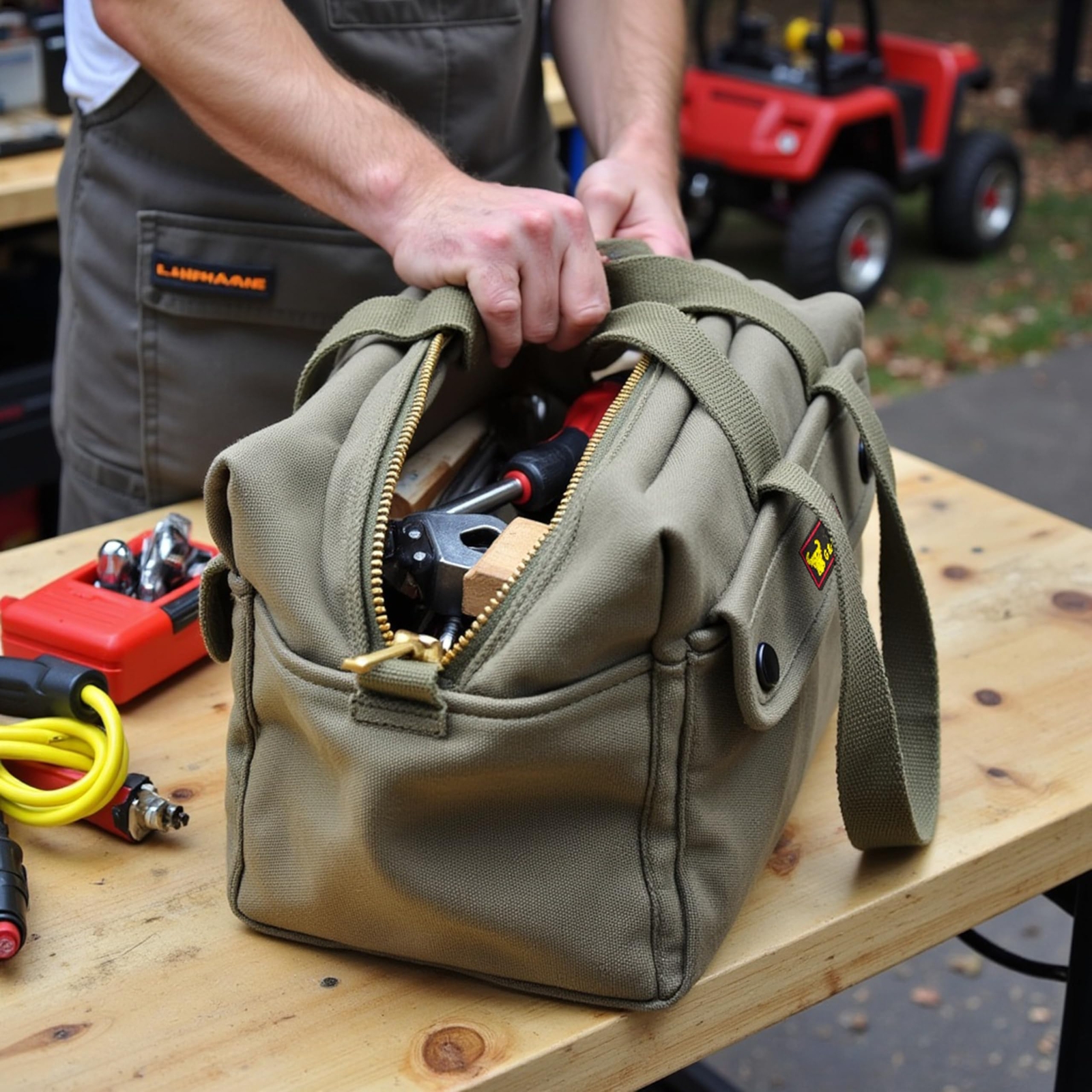 Olive Green Heavy Duty Tool Bag with Brass Zipper for Mechanics and Electricians