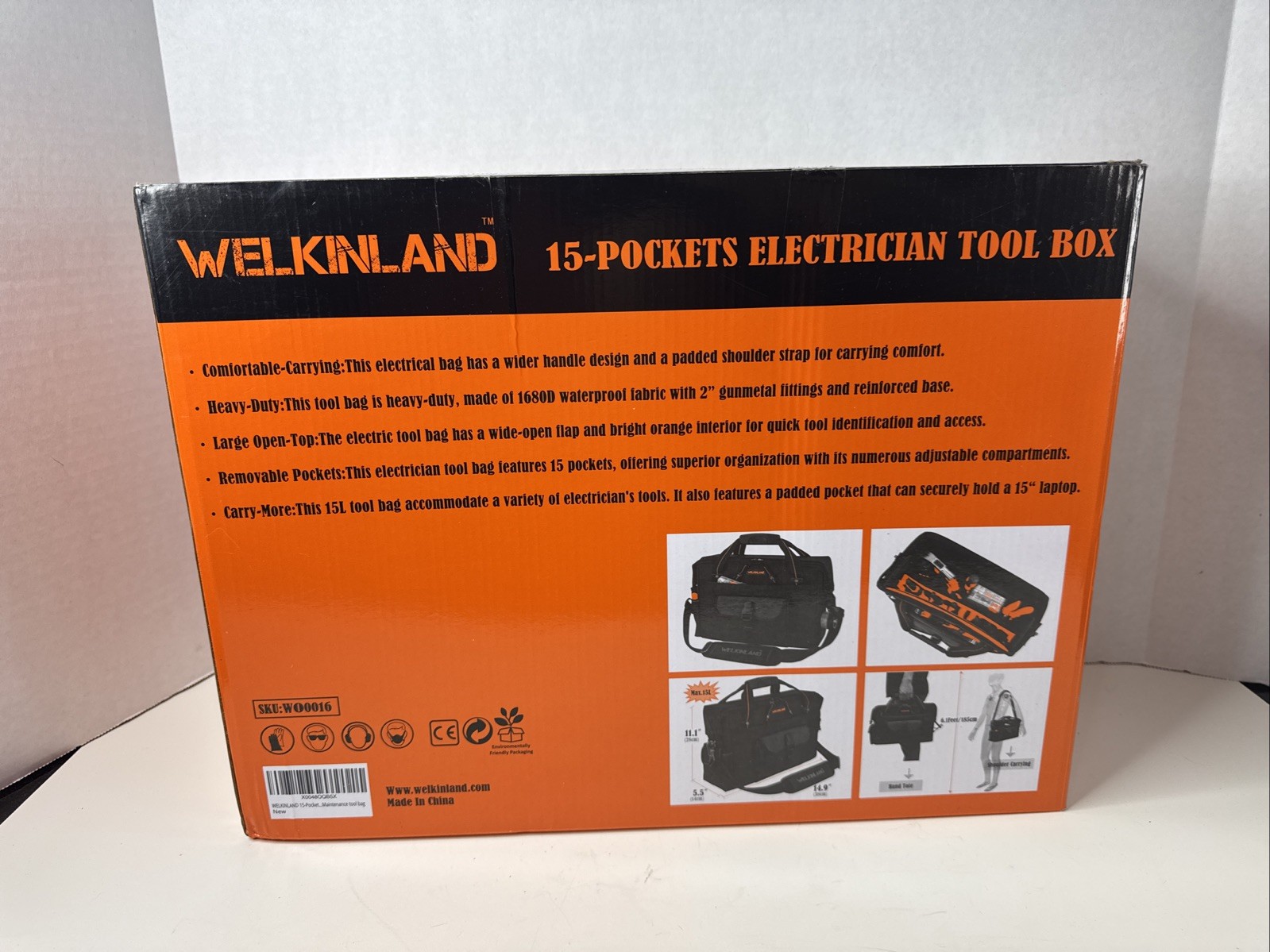 WELKINLAND 15-Pockets Electrician Tool Box Shoulder Tote Bag Large Black Orange