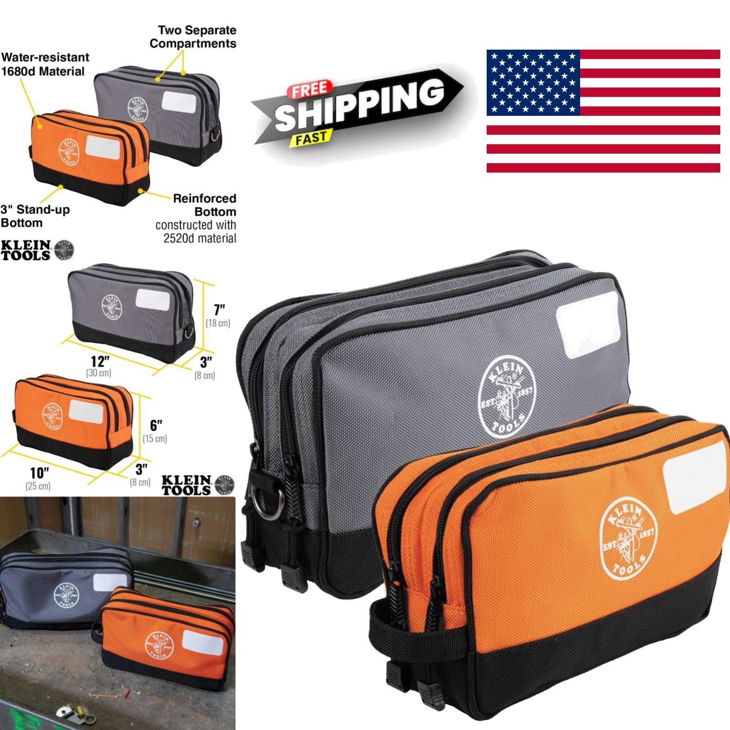 Tool Pouch with Dual Compartments Heavy Duty Polyester Organizer Bag 12 Inch