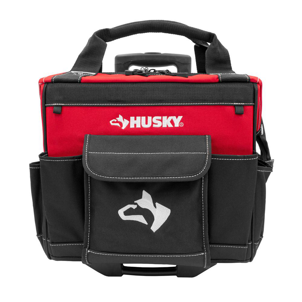 14 in. Zipper Top Rolling Water Resistant Tool Tote Bag, Telescoping Handle Red