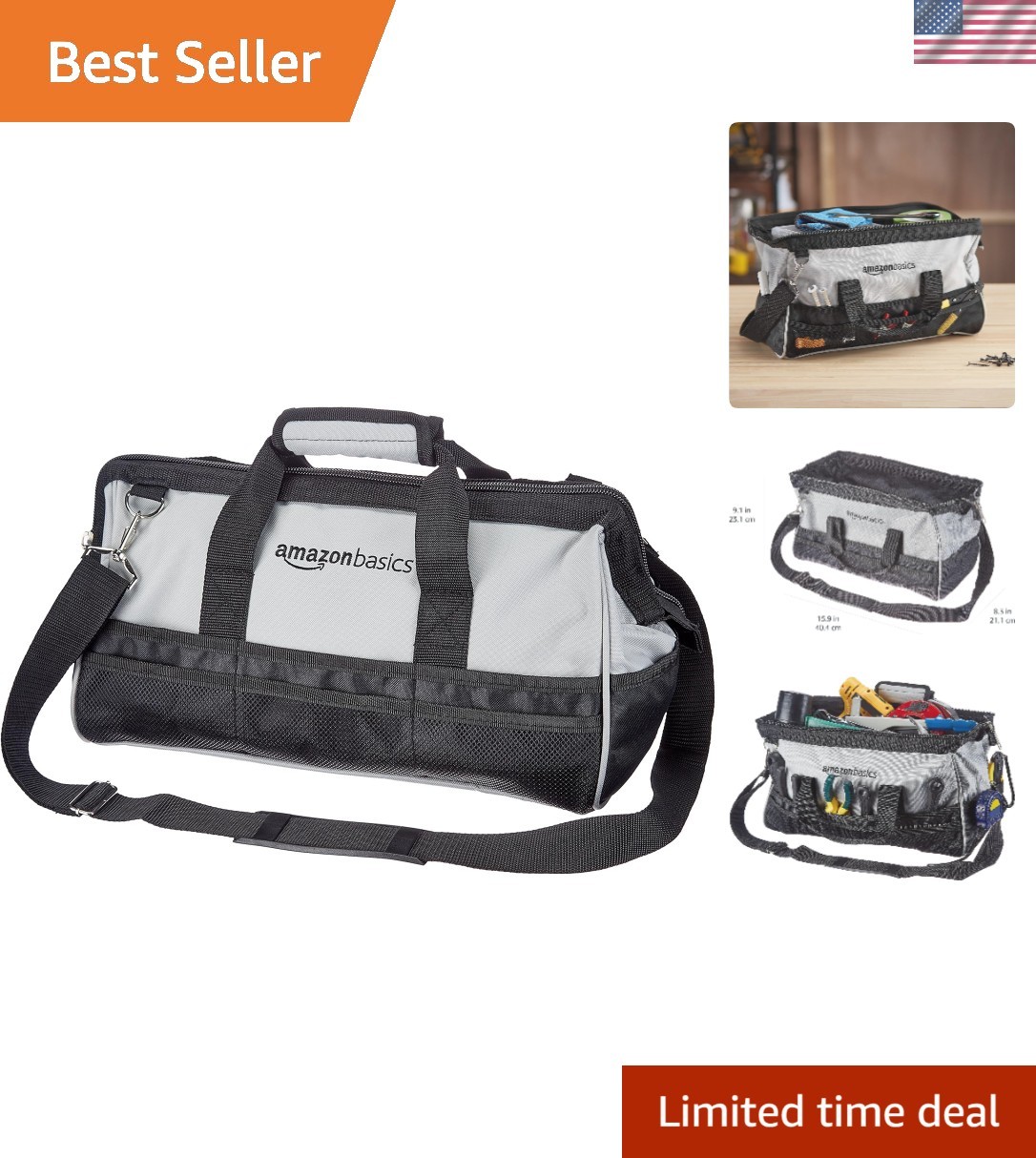 Durable 16-Inch Tool Bag with 26 Compartments & Adjustable Strap in Black/Grey