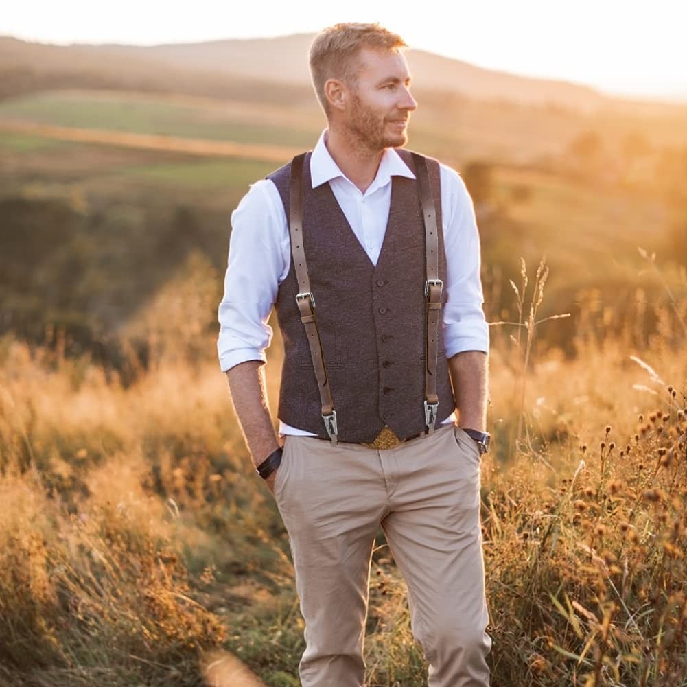 Ringsun Genuine Leather Suspenders for 5 ft 3 in. to 5 9 in, Dark Brown