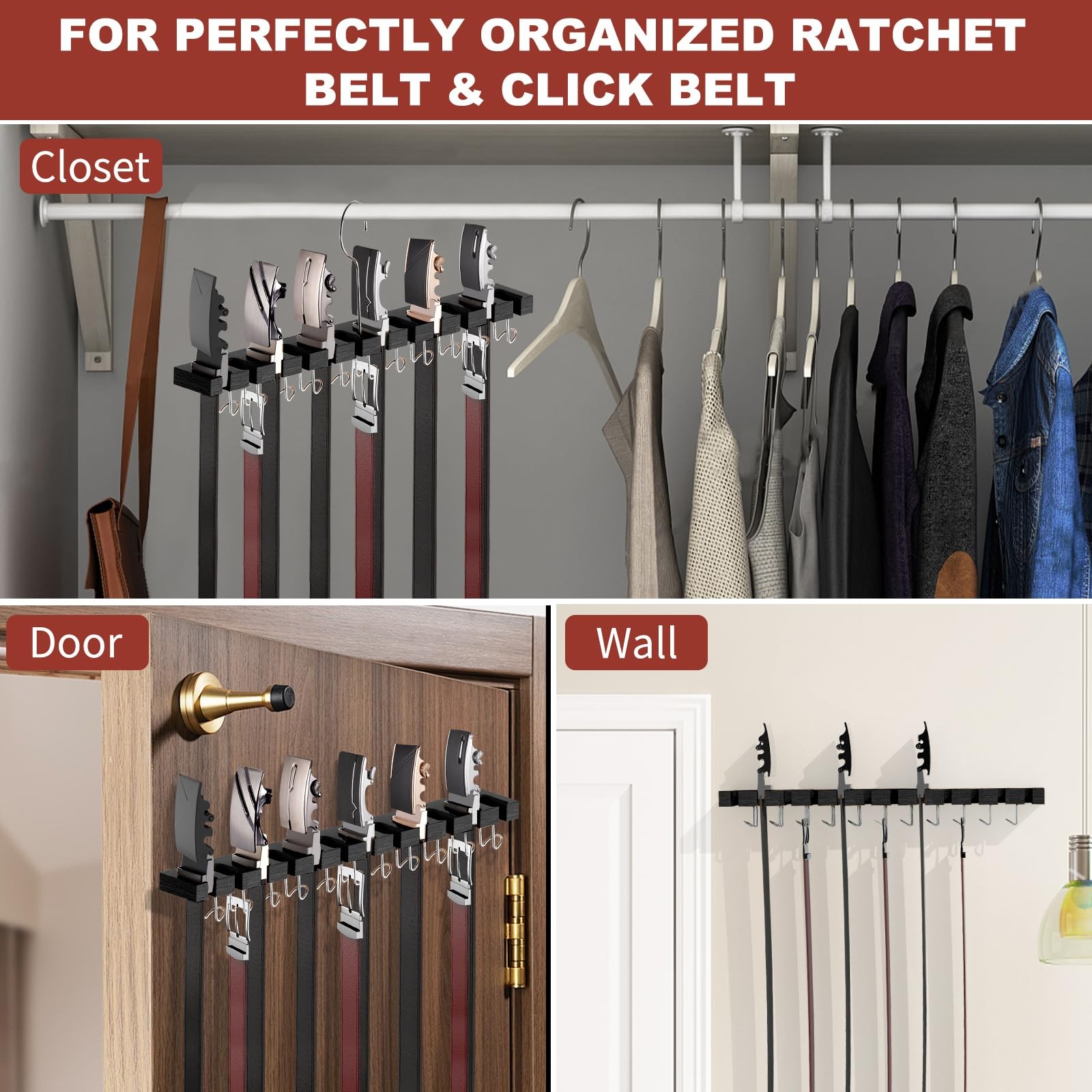 Cuipingoo Belt Hanger for Closet Max 42 Belts, 2-in-1 Wall Mount Black
