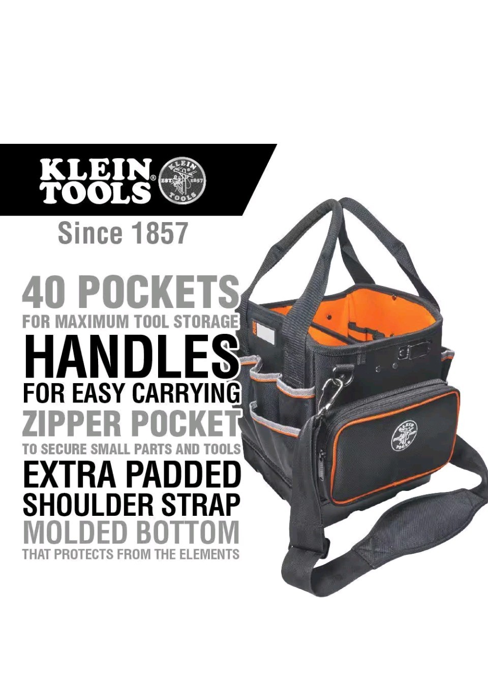 Tool Bag Tradesman Pro Tool Tote 40 Pockets 10-Inch Klein Tools