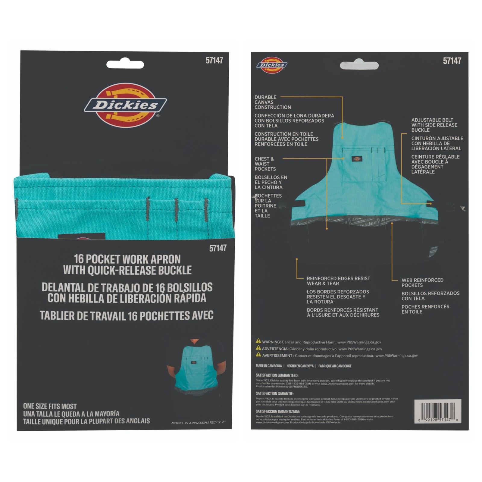 Womens Canvas Bib Apron 16 Pocket with Quick Release Buckle Teal Dickies 57147