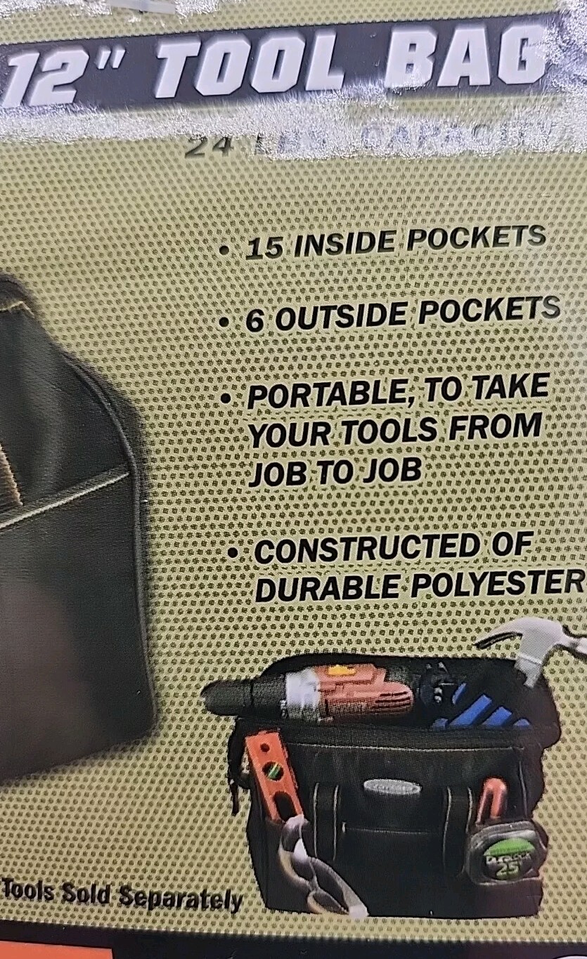 New Black Voyager 12″ Tote Tool Bag 24lbs Capacity 18 Pockets Carrying Bag