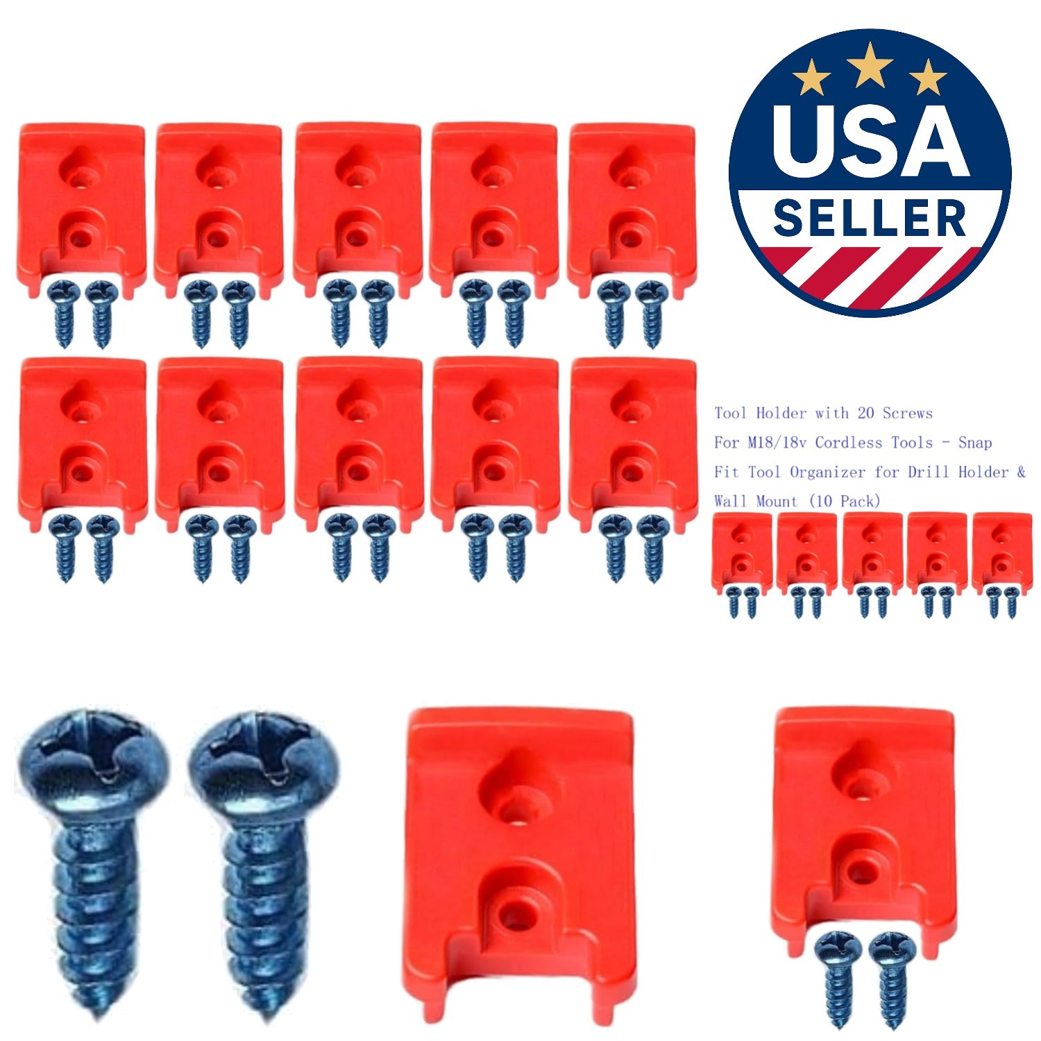 10 Pack Wall-Mounted Tool Holder with 20 Screws for Cordless Tools Organization