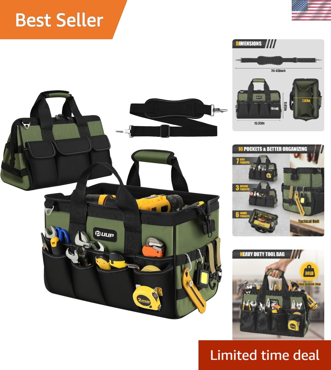 Professional Tool Storage Bag: 15-Inch Portable Organizer with Anti-Slip Base