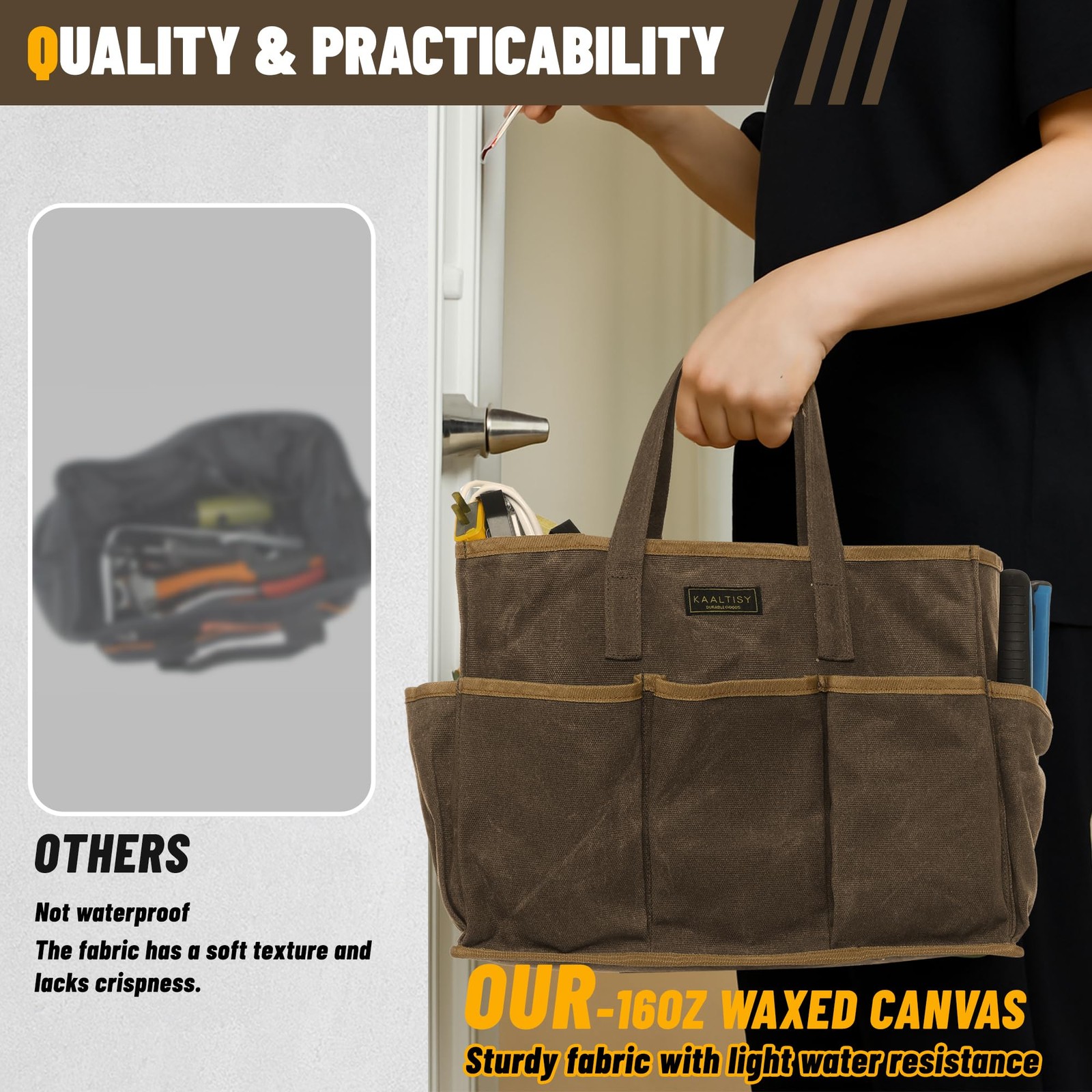 16OZ Waxed Canvas Tool Tote Bag for Garden Tools 14 x 5.5 x 10.5 inches, Grey