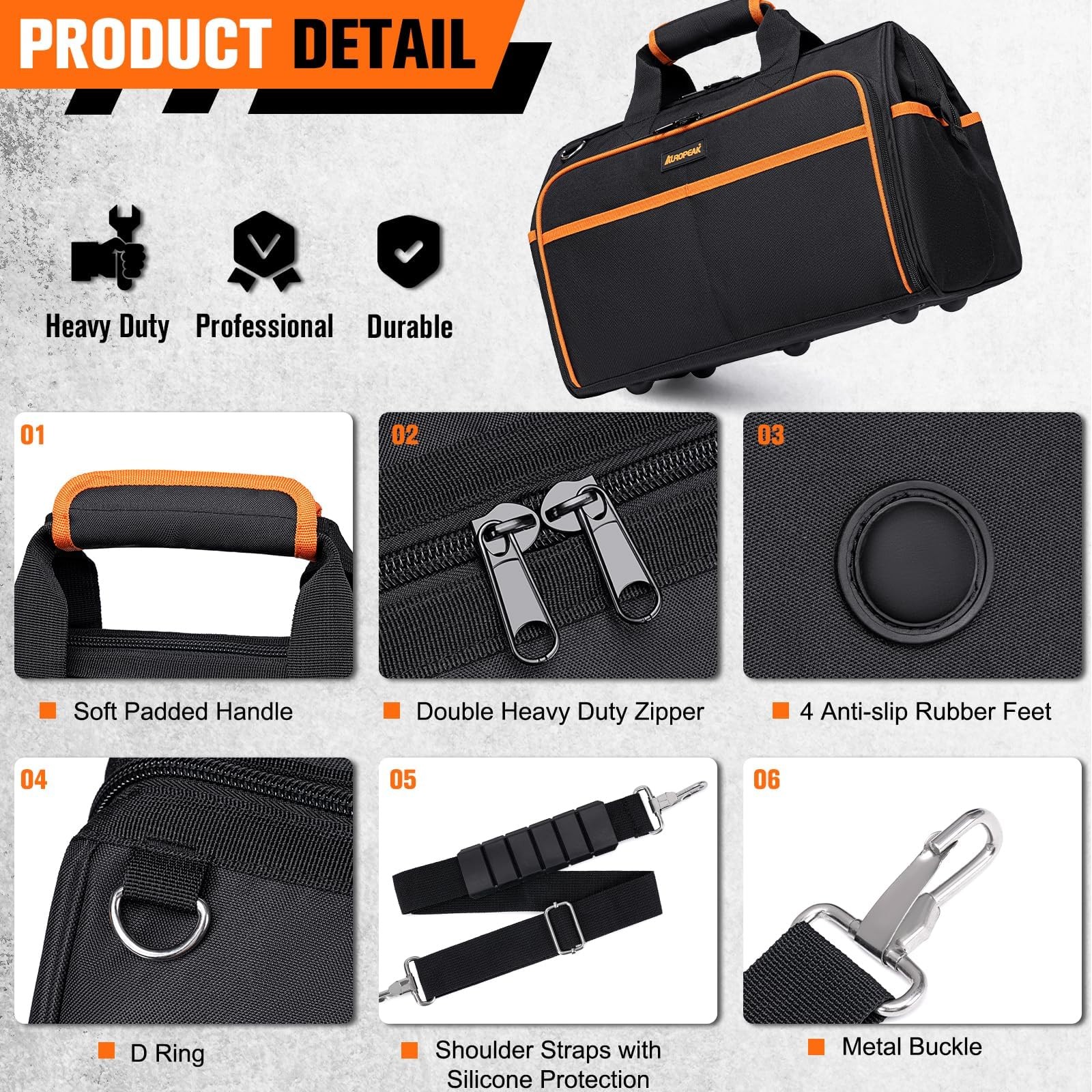 Heavy Duty Tool Bag 17.3-Inch, 26-Pocket Large Tool Bags for Men Women with