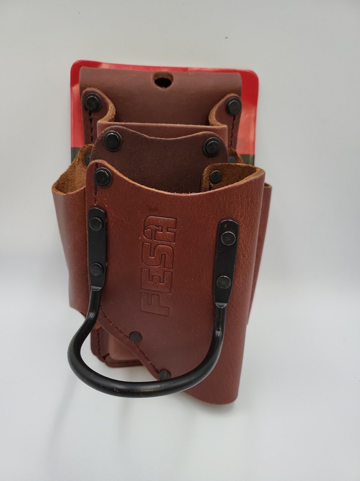 FESA Small Leather Tool Pouch, Heavy Duty, 5-Pocket, Hammer Loop, Cherry