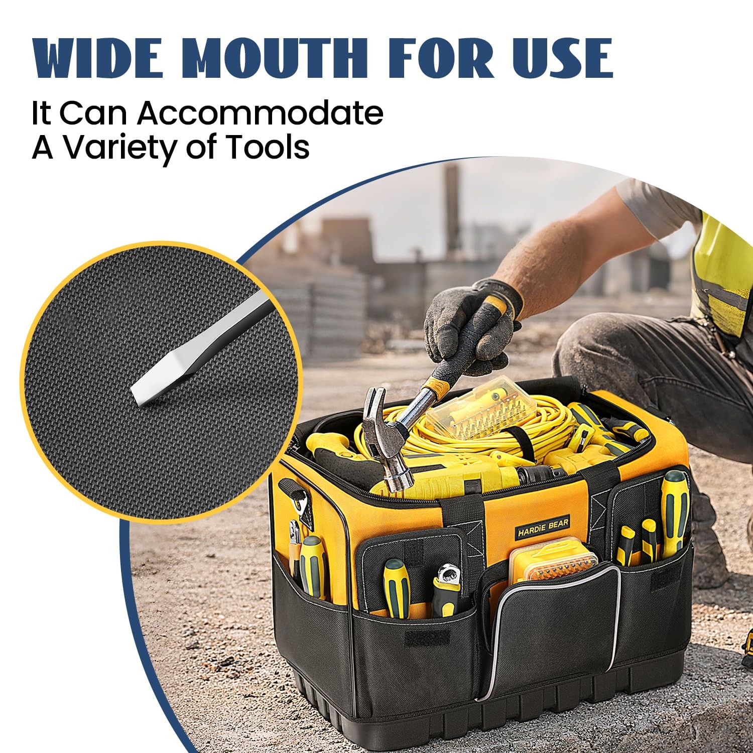 20 Inch Tool Bag Yellow Black Organizer 17 Pockets Wide Mouth Reinforced Base