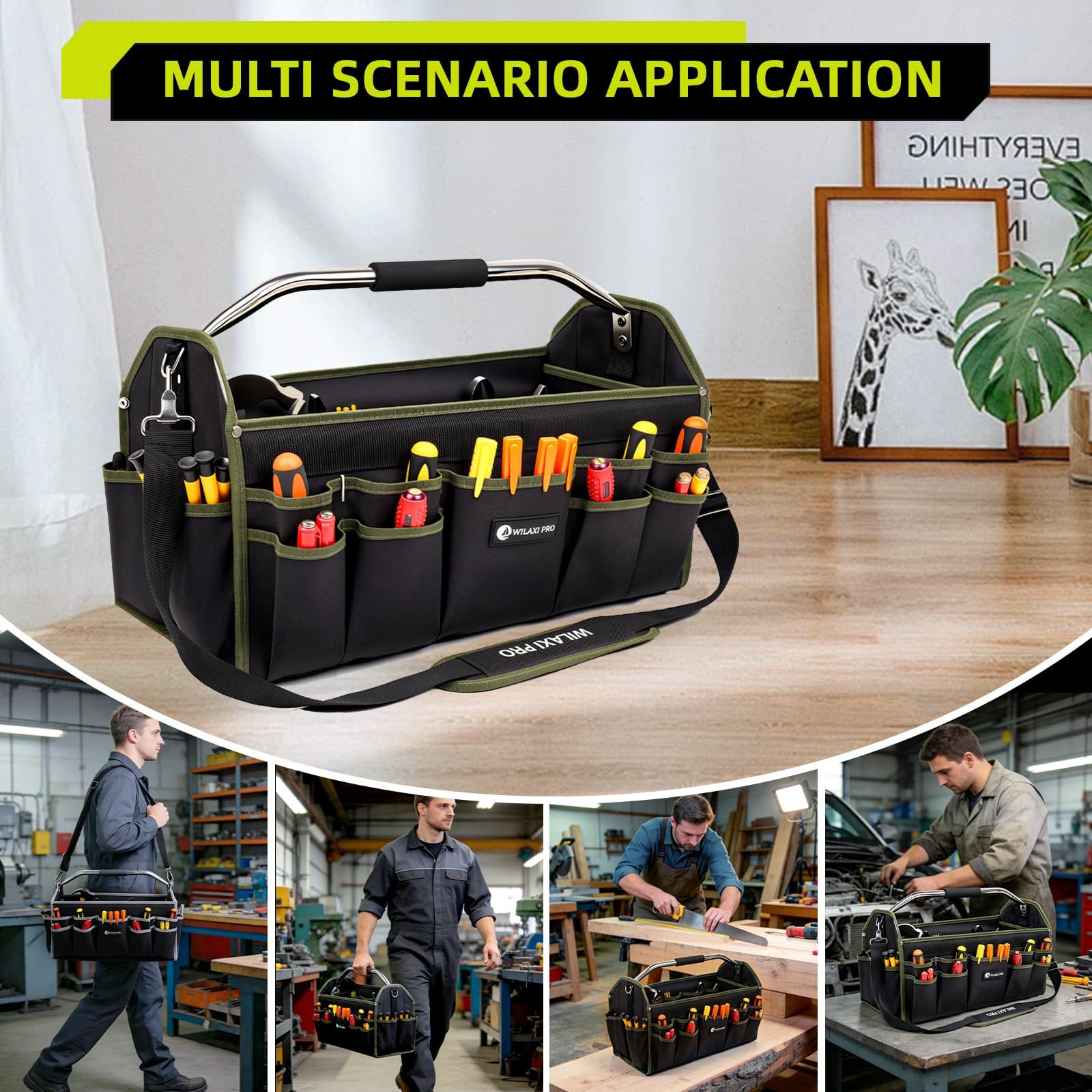 20 Inch Foldable Open Top Tool Bag Tote Heavy Duty Carrier Wide Mouth Green