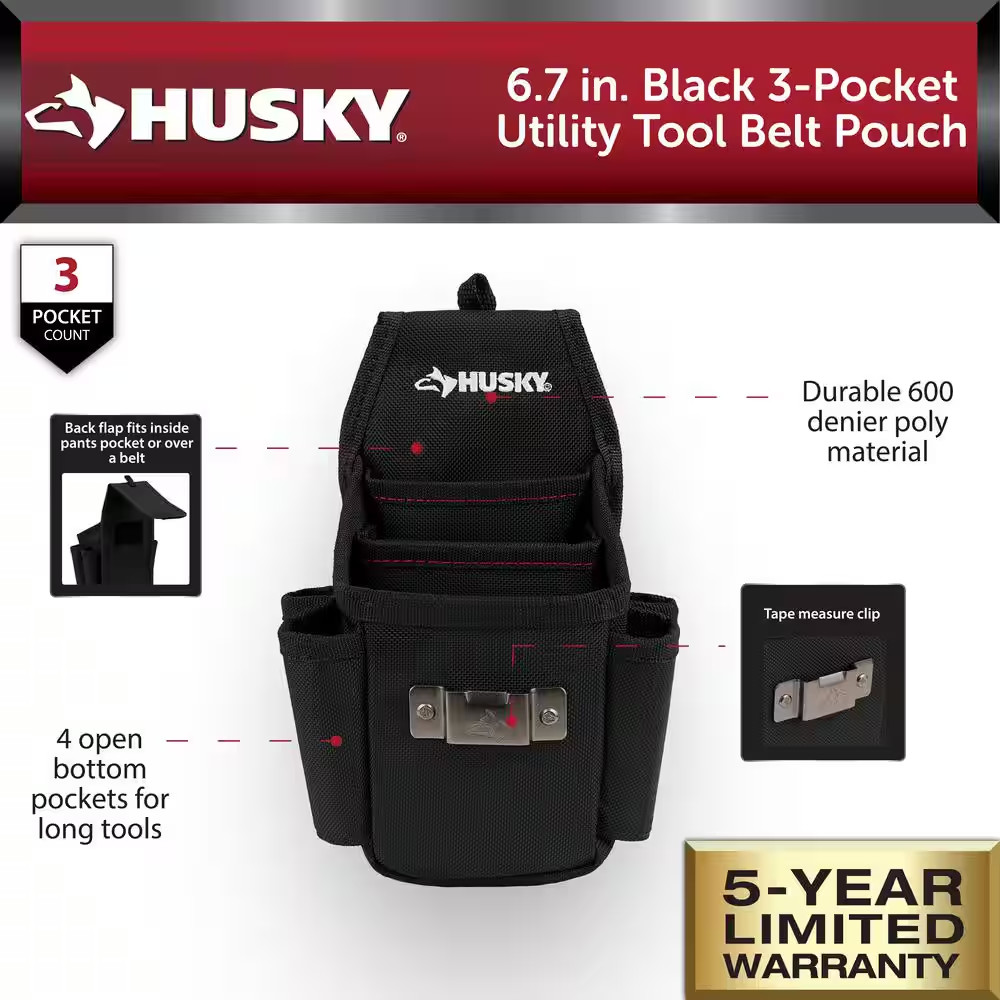 6.7 In. Black 3-Pocket Utility Tool Belt Pouch