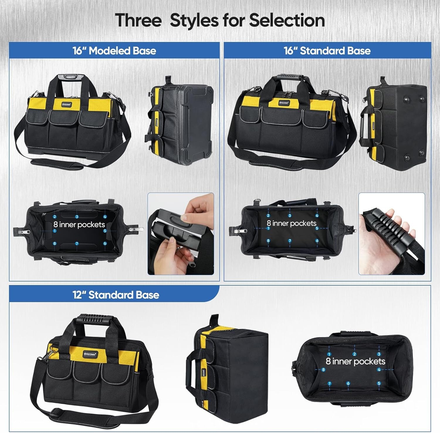 TICONN 12in Tool Bag with Waterproof Soft Bottom Multi-Pockets Wide Mouth Too…