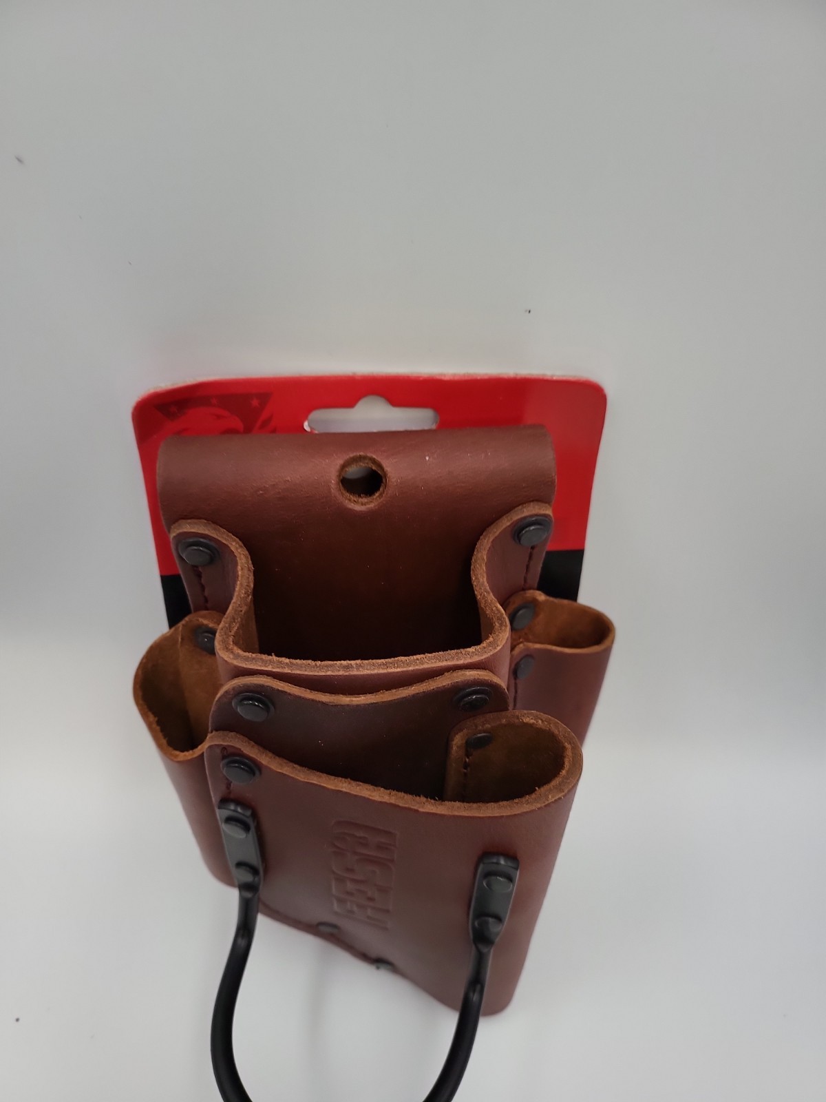 FESA Small Leather Tool Pouch, Heavy Duty, 5-Pocket, Hammer Loop, Cherry