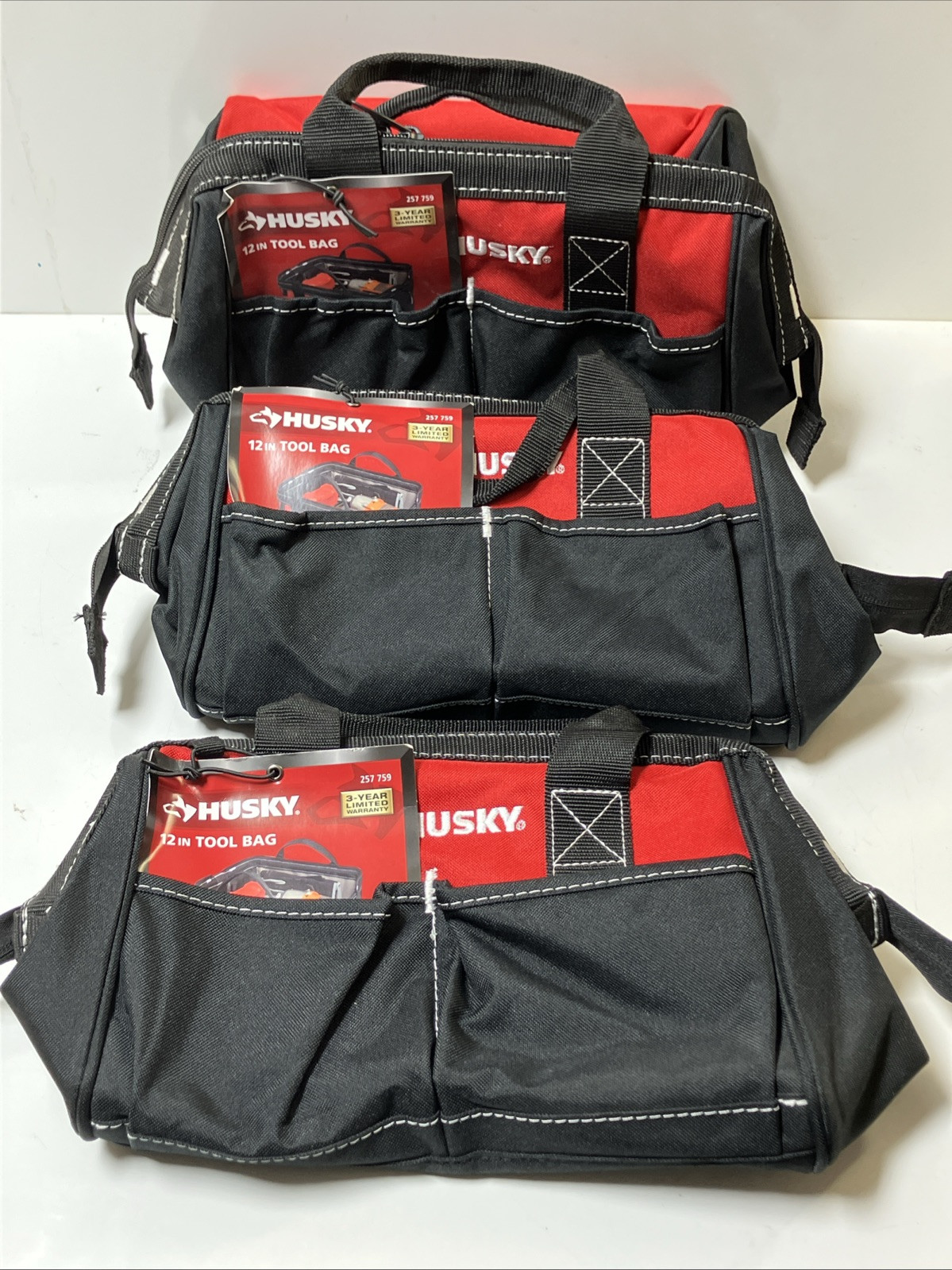 Lot Of (3) Husky 12” 4 Pocket Zippered Heavy Duty Tool Bag Shop Garage Storage