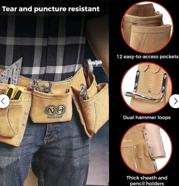Suede Leather 46″ Tool Belt 12-Pocket Tool Utility Belt LT Brown New Dual Hammer